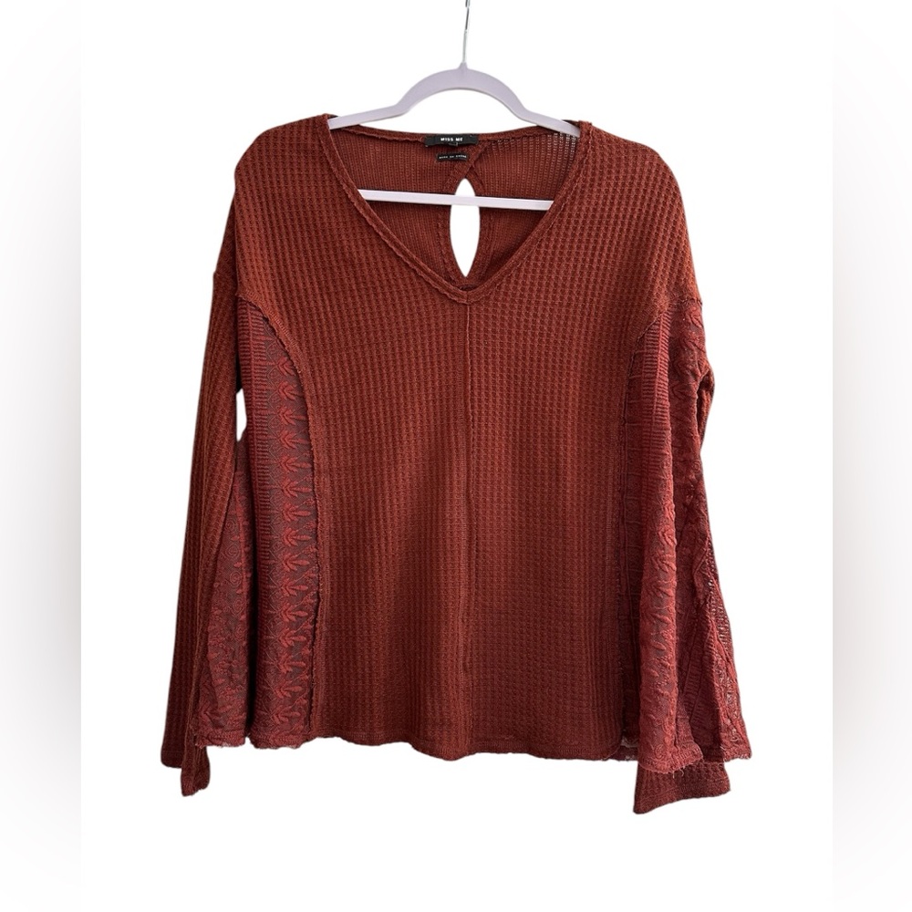 Miss Me | Burnt Orange Long Sleeve V-Neck Keyhole Top Size M